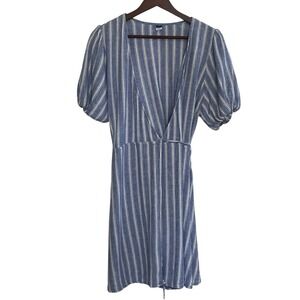 Old Navy Womens L Blue White Stripe Linen Blend Puff Sleeve Wrap Mini Dress